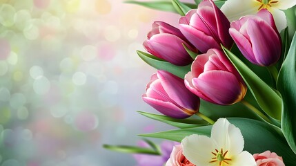 Fototapeta premium Close up of pink tulips with a blurred background of pink and yellow bokeh. Perfect for quotes, and greeting cards.