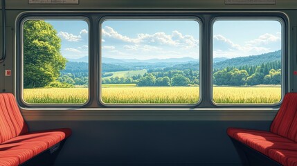 Fototapeta premium train journey through a picturesque countryside, with fields and forests visible through the windows, bright daylight, scenic and tranquil tones