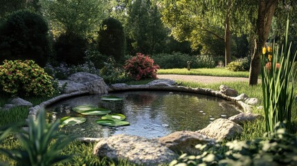 Fototapeta premium Serene Pond in a Lush Garden