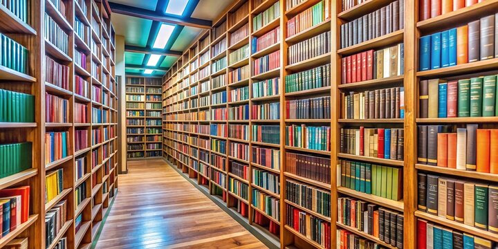 Rows of neatly organized books with diverse cover colors and titles line the shelves of a well-maintained library, exuding a sense of knowledge and learning atmosphere.