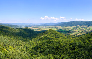 Aerial view of mountain hills covered with dense green lush woods on bright summer day