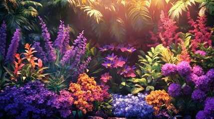 Fototapeta premium urban rainwater garden, lush plants and flowers, soft morning light, vibrant greens and purples