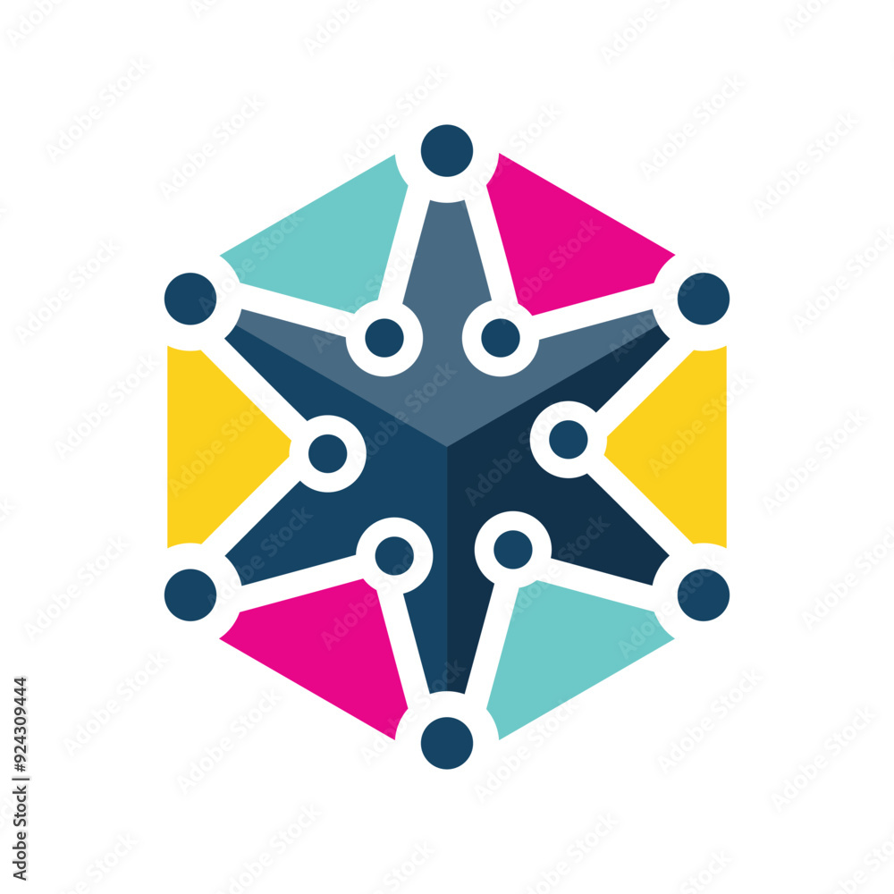 Poster this is a flat logo shape of a six point star on a hexagonal shape in multicolor for technology rela