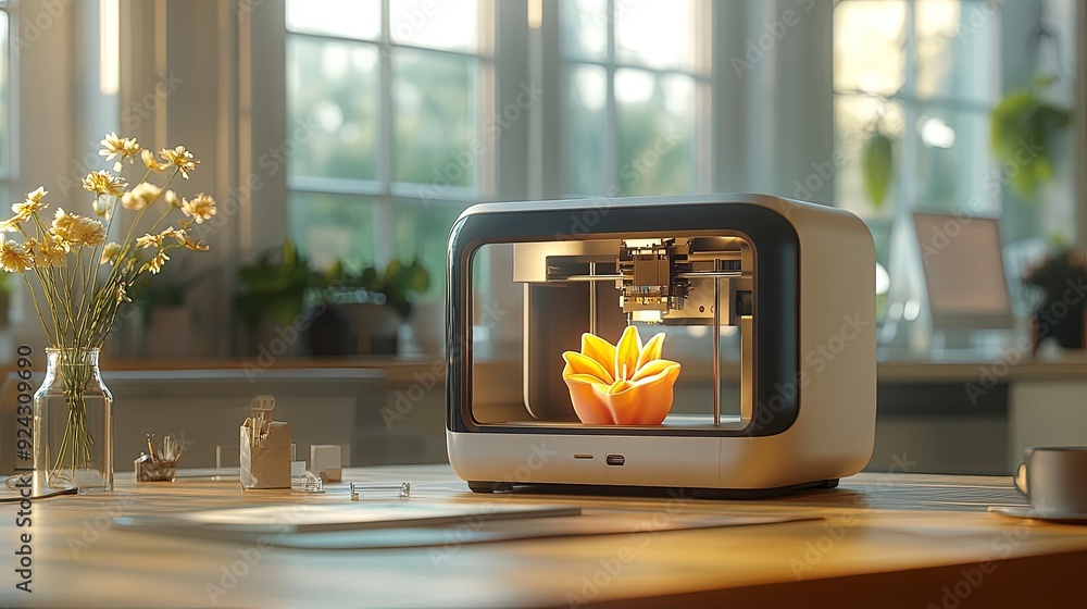 Poster 3d printer creating a prototype model in an office setting, soft ambient lighting, innovative and pr