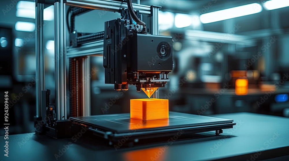 Poster 3d printer creating a prototype model in an office setting, soft ambient lighting, innovative and pr