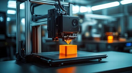 Fototapeta premium 3D printer creating a prototype model in an office setting, soft ambient lighting, innovative and precise tones