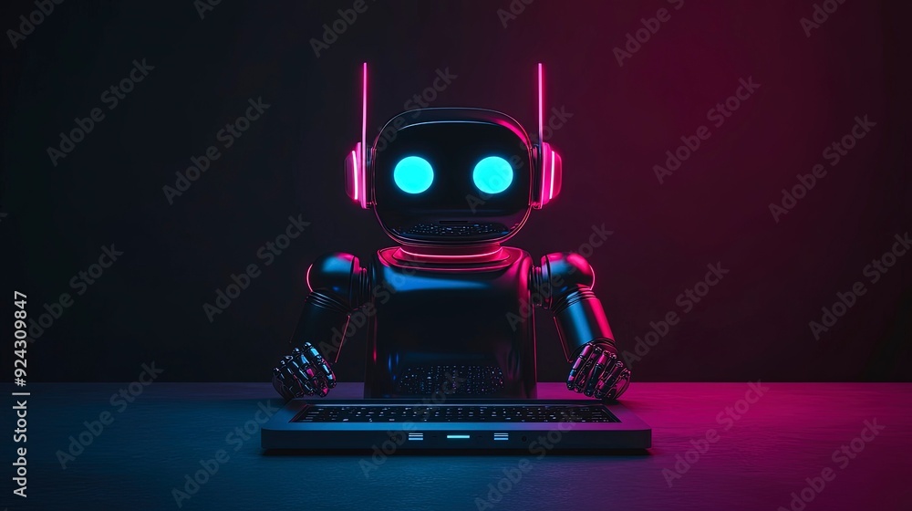 Poster ai-powered chatbot on a laptop screen, assisting with customer service inquiries, soft ambient light
