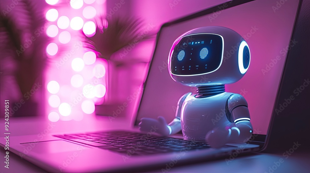 Poster ai-powered chatbot on a laptop screen, assisting with customer service inquiries, soft ambient light