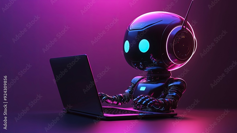 Poster ai-powered chatbot on a laptop screen, assisting with customer service inquiries, soft ambient light