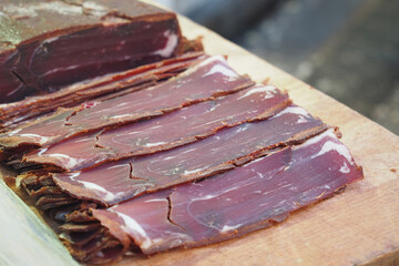 turkish meat pasturma on a a plate , dried meat on a plate 