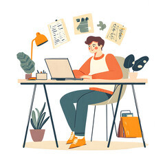 2d illustration. a guy works from home. simple work decoration around the guy. white background.