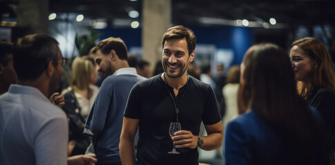 Business professionals in smart attire enjoy a lively conversation and laughter at a booth following the event, highlighting camaraderie and joy.