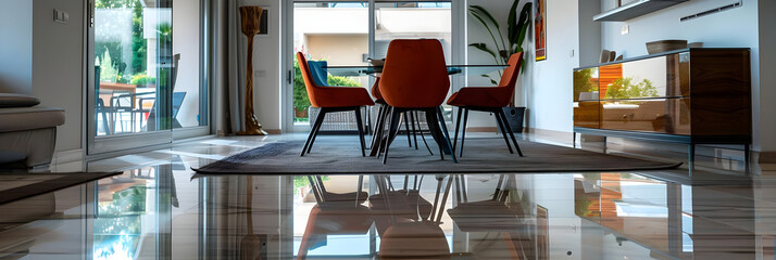 Reflective Floor in Modern Living Room Interior Design with Orange Chairs