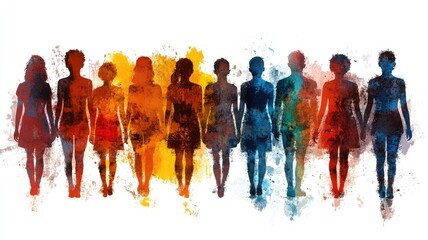 Abstract art depicting diverse silhouetted group standing together in colorful splashes