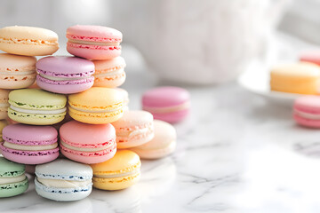 Artistic tower of macarons in vibrant pastel colors, stacked on a smooth white marble table in a luxurious patisserie display