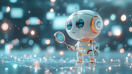 A 3D search engine robot holding a magnifying glass, scanning a digital landscape, symbolizing intelligent search