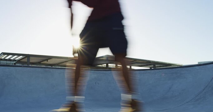Friends, ramp and people with skateboard in morning for exercise, practice and hobby activity. Diversity, skate park group and men do skateboarding tricks for adventure, fun and training in city