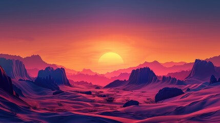 Naklejka premium A minimalist desert landscape with sharp, angular dunes under a vivid orange and purple sky. The scene is punctuated by a few large, jagged rocks and a single, stylized sun hovering just above the