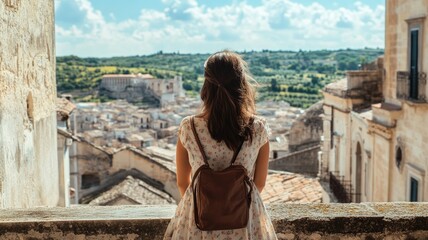 Fototapeta premium Young woman with backpack overlooks scenic, historic town