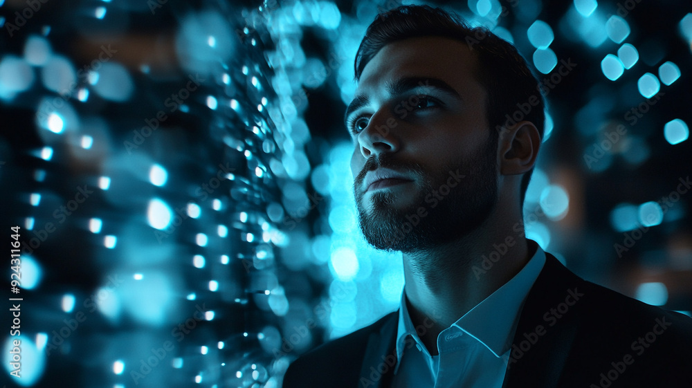Poster businessman using ai-driven cybersecurity technology for robust online data protection