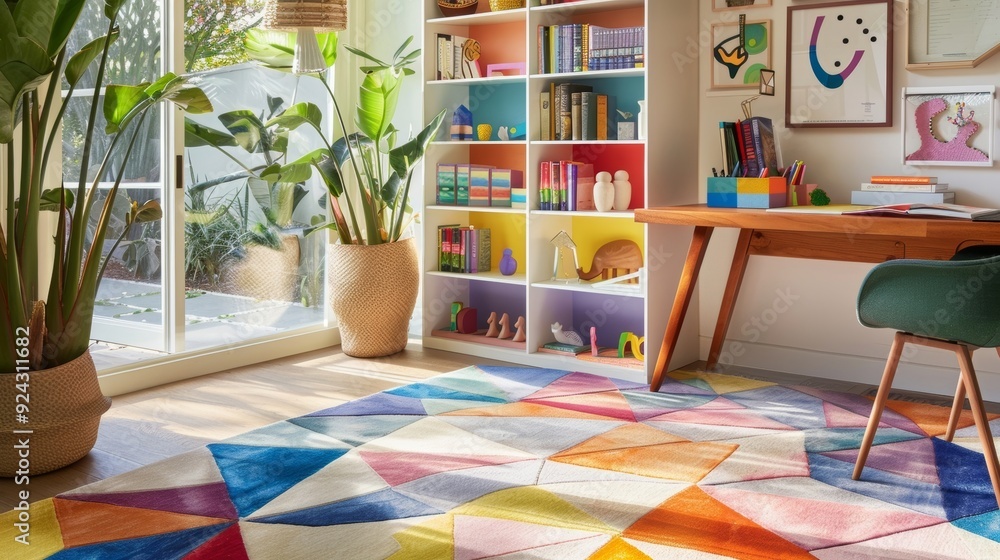 Poster an inviting home office with a lively atmosphere featuring a multicolored geometric rug a rainbowins