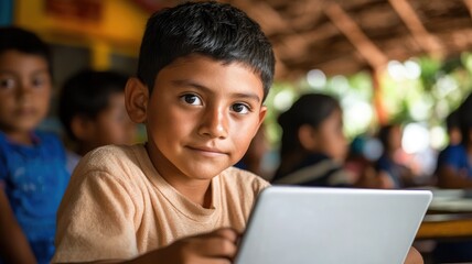 Young boy using tablet in classroom, focused on learning