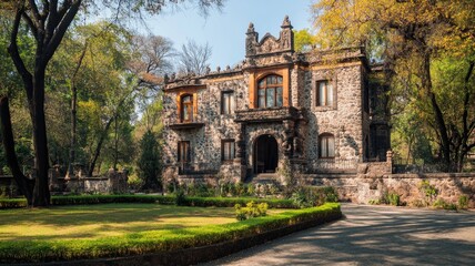Fototapeta premium Historic stone mansion with medieval architecture, surrounded by lush green trees and manicured gardens