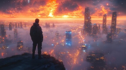 Fototapeta premium Man Looking Out at Futuristic Cityscape