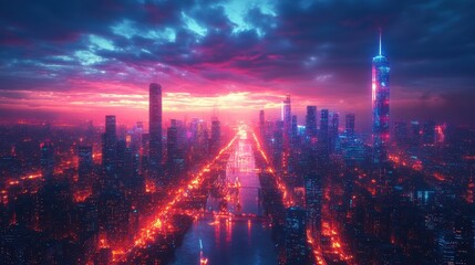 Obraz premium Neon Cityscape at Sunset