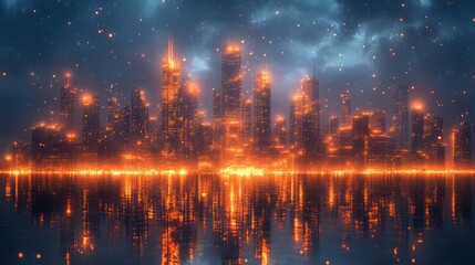 Obraz premium Futuristic Cityscape with Glowing Lights and Water Reflection