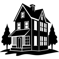 house isolated on white, house vector illustration, Two story house vector art, house silhouette, house vector icon, bilding cartoon line art, eps