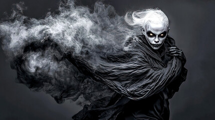 Creepy sinister ghost trailing dark smoke behind, skull makeup glowing eyes spectral grim reaper, nightmare phantom