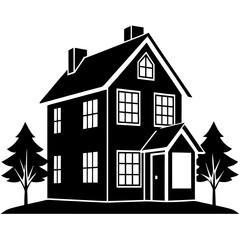 house isolated on white, house vector illustration, Two story house vector art, house silhouette, house vector icon, bilding cartoon line art, eps