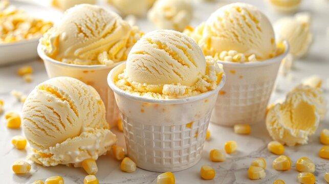 Sweet Corn Ice Cream Scoops Served In Waffle Cups With Kernels on a Marble Background
