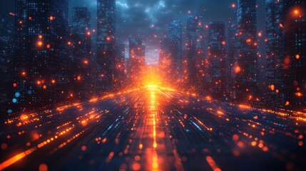 Obraz premium Futuristic Cityscape with Glowing Lines and Lights