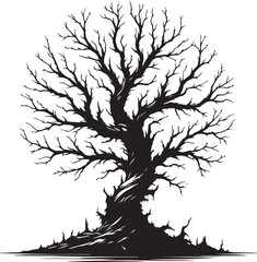 A dead tree silhouette highlights its barren branches, creating a stark and haunting visual.