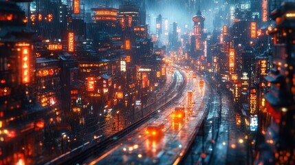 Obraz premium Cyberpunk Cityscape with Rain and Neon Lights