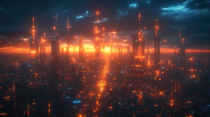 Fototapeta premium Cyberpunk Cityscape at Sunset