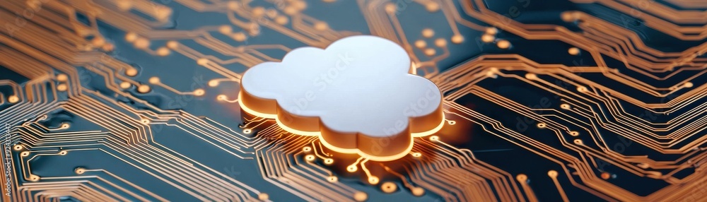 Poster stylish cloud symbol on a circuit board, representing modern technology and digital innovation in ne