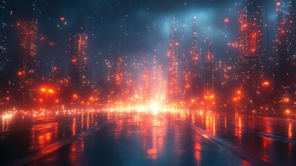Fototapeta premium Futuristic Cityscape with Neon Lights and Rain