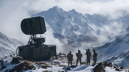 Fototapeta premium Army Unit Deploying Laser Defense System on Mountain Ridge for Surveillance Mission