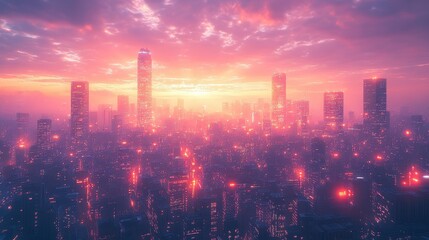 Fototapeta premium Cityscape at Sunset with Pink Sky