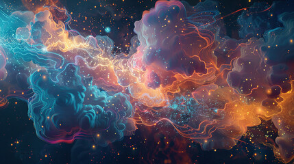 Abstract cloud shapes and data points in blue, orange, red colors on dark background.