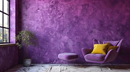 A bold and eyecatching accent wall with a deep purple splatterpainted texture adding a touch of creative energy to the space.
