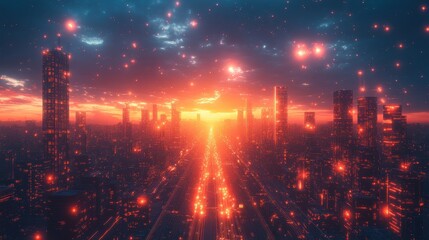 Fototapeta premium Futuristic Cityscape at Sunset with Glowing Lights