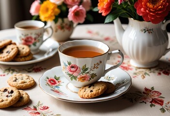 cup of tea with cookies and flowers