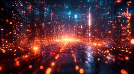 Obraz premium Futuristic Cityscape with Glowing Lights and Data Streams