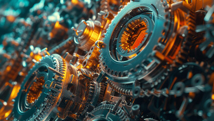 Fototapeta premium Abstract Industrial Factory with Dense Network of Metal Gears and Intricate Mechanical Parts