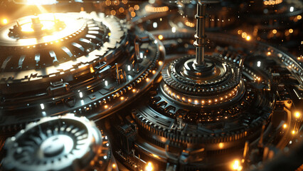 Abstract Industrial Factory with Dense Network of Metal Gears and Intricate Mechanical Parts