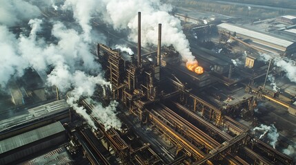 Fototapeta premium Expansive Steel Production Facility with Towering Smokestacks and Conveyor Belts
